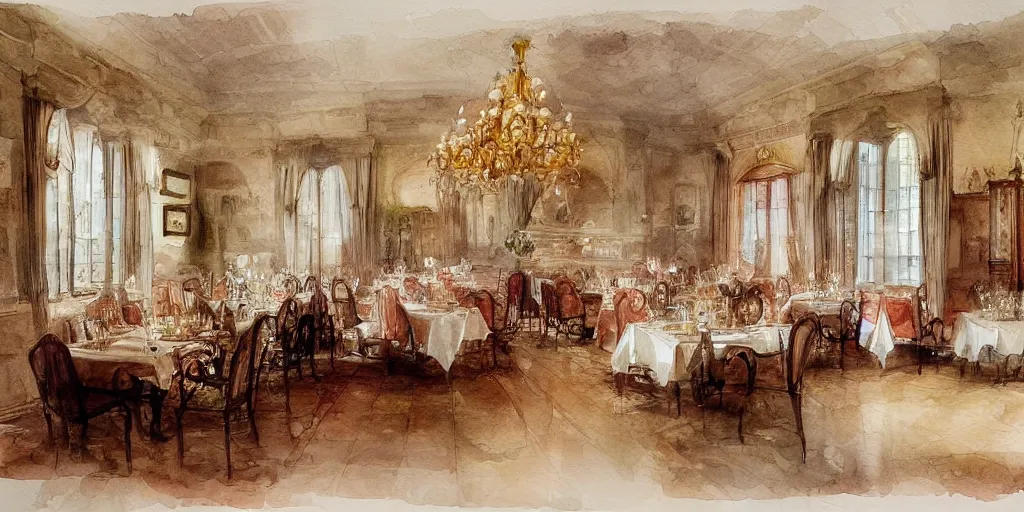 Prompt: a hiper intricate watercolor of a beatiful dining room, extremely detailed, sharp focus, elegant, wide view, smooth, digital illustration, colorfull, by william turner art, by greg rutowski