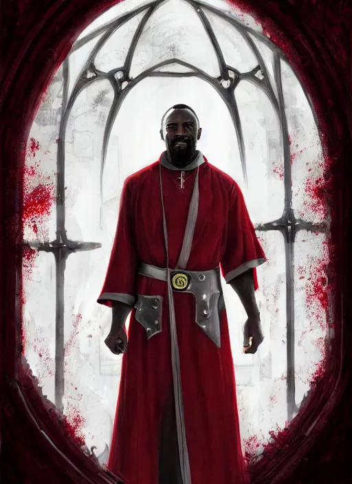 Image similar to a highly detailed illustration of idris elba as a sadistic white haired priest wearing red and white robe, dramatic smiling wielding blade of blood pose, gothic church background, intricate, elegant, highly detailed, centered, digital painting, artstation, concept art, smooth, sharp focus, league of legends concept art, wlop