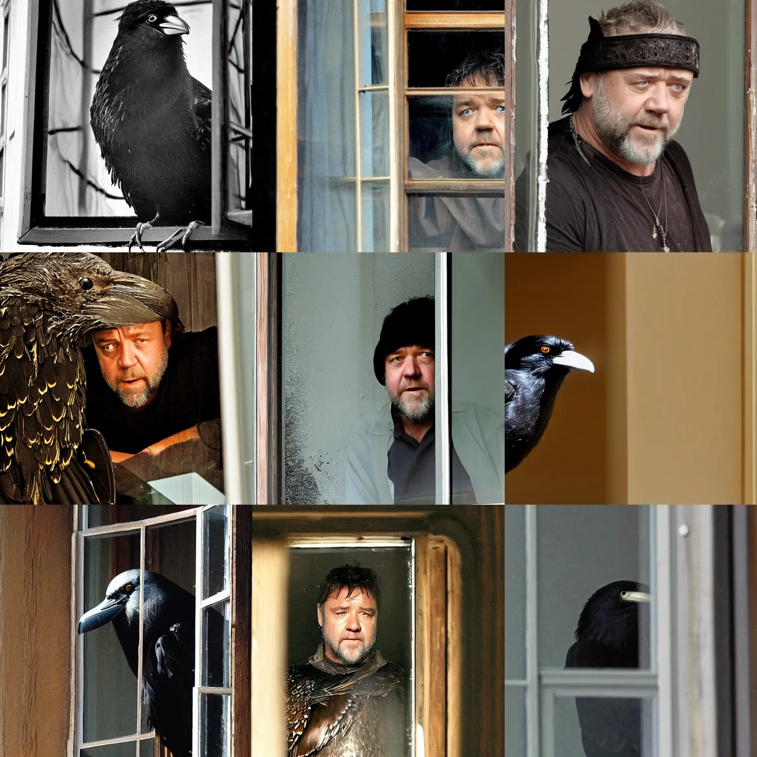 Prompt: russell crowe wearing an ridiculously enormously large crow bird on his head, peering out concerned down to camera from a small dusty glass window in a wooden wall, 2 0 1 2