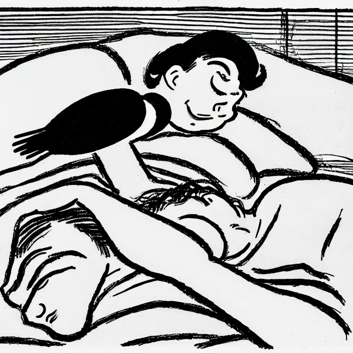 Prompt: a still frame from comic strip, sleeping bird, 1 9 5 0, herluf bidstrup, new yorker illustration, monochrome bw, lineart, manga, tadanori yokoo, simplified,