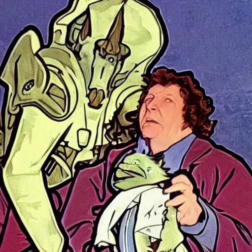 Image similar to baby gamorrean guard being looked after by tom baker dr who, alphonse mucha