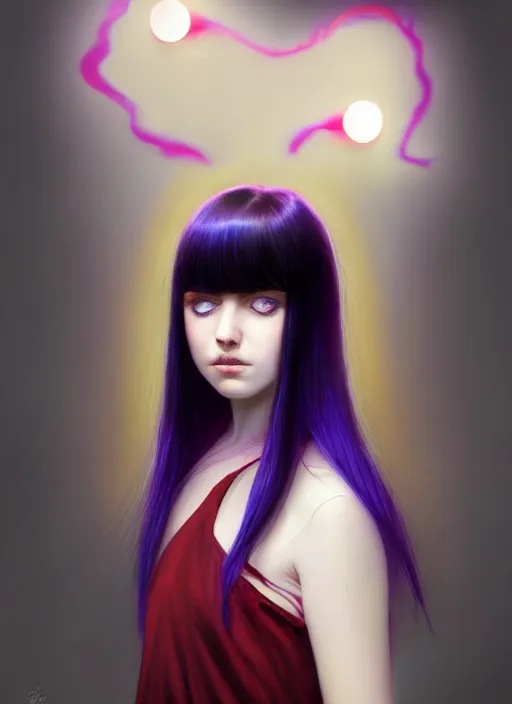 Image similar to portrait of teenage girl with white bangs, red irises, black hair, purple clothes, white bangs, bangs are different color from hair, intricate, front of hair is white rest is black, elegant, glowing lights, highly detailed, digital painting, artstation, concept art, smooth, sharp focus, illustration, art by wlop, mars ravelo and greg rutkowski