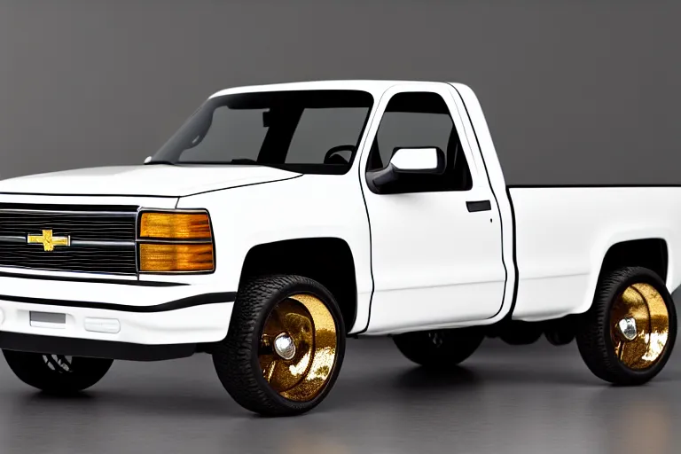 Prompt: closeup side photo of a fully stock white painted single cab 2 door long bed silverado on a reflective black floor, hyper detailed, smooth, high contrast, volumetric lighting, golden ratio, octane, jim lee, giorgetto giugiaro, craig mullins, chris bangle, ian callum!, vibrant rich deep color