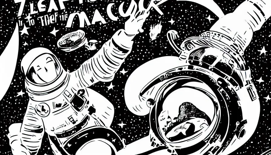Image similar to travel to the moon in a dream, style of graphic novel, style of will eisner, black outline, on white, smooth, thin sharp lines, detailed