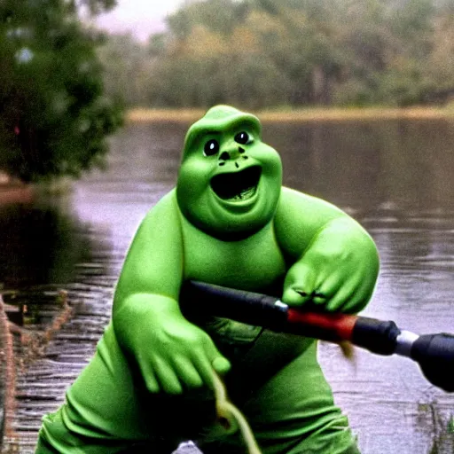 Prompt: slimer from ghostbusters 1 9 8 4 fishing on the bayou
