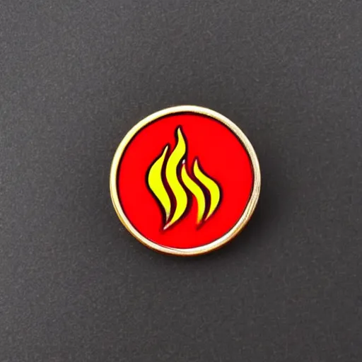 Prompt: a photo of a retro minimalistic fire flame warning enamel pin, use of negative space allowed, smooth curves