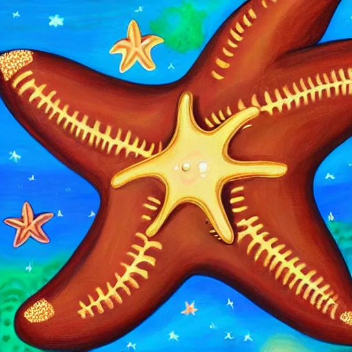 Image similar to a painting of a giant brown starfish with the words c and starfish in big letters. children in a school band playing nearby, playing instruments. realistic. ultra detailed. art by lisa frank