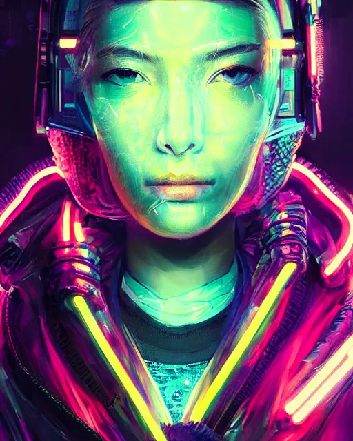 Image similar to detailed portrait neon operator woman, cyberpunk futuristic neon, reflective puffy coat, decorated with traditional japanese ornaments by ismail inceoglu dragan bibin hans thoma greg rutkowski alexandros pyromallis nekro rene maritte illustrated, perfect face, fine details, realistic shaded, fine - face, pretty face