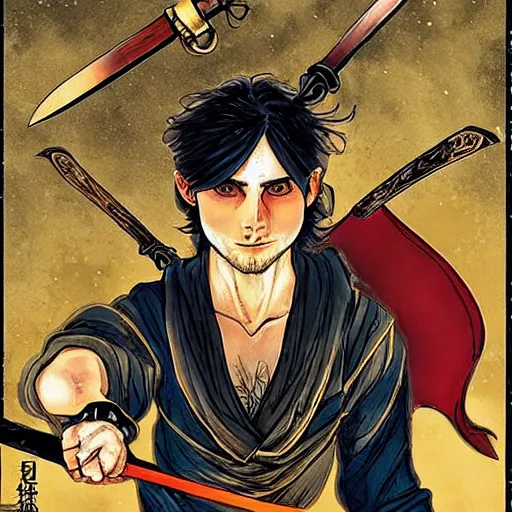 Image similar to attractive 22 year old Jared Leto golden Vagabond magic swordsman glides through a beautiful battlefield magic the gathering dramatic esoteric!!!!!! pen and ink!!!!! illustrated in high detail!!!!!!!! by Hiroya Oku!!!!! Written by Wes Anderson graphic novel published on shonen jump 2002 award winning!!!!