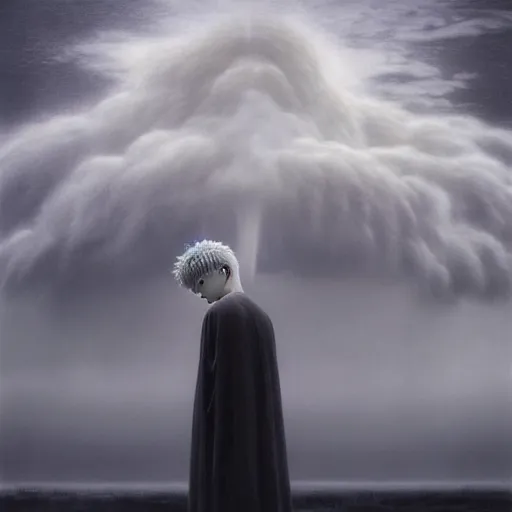 Prompt: killua hxh made by zdzisław beksinski, thunderstorm, 8 k, detailed, cinematic, rain, crying, black, suit