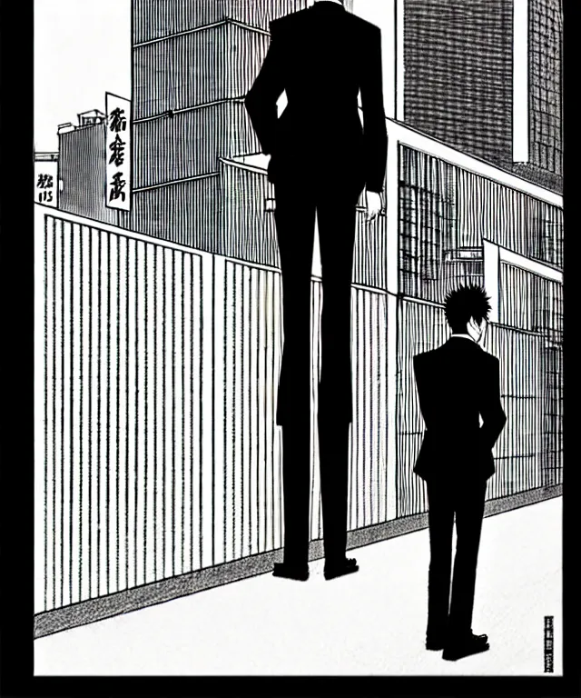 Prompt: A manga cover about a short-haired office solo worker standing on the sidewalk. Sharp high quality manga cover, fine details, straight lines, perfect faces, architecture in the background, masterpiece, shading, shadows, art, highly detailed drawing by Hirohiko Araki, Akatsuki Akira, Kentaro Miura