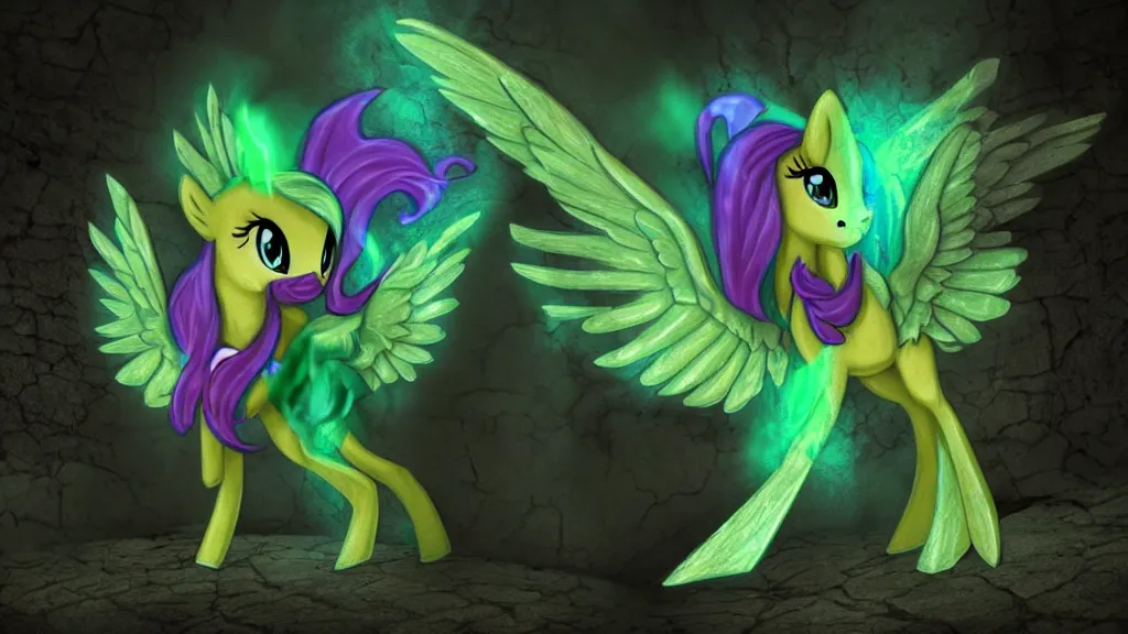 Image similar to 3D Fluttershy from My Little Pony as a necromancer, standing over a tomb stone, bright green swirls coming up it, glowing aura around her, pitch black background, dramatic and colorful lighting, floating green chibi glowing skulls, smoke all around, insane special effects, unrealengine, 4k, HDR, unique camera angle, bones lying on the ground, inside a crypt, skeletons rising from the dead, artwork, gothic style, detailed feathers, detailed faces with large eyes and pupils