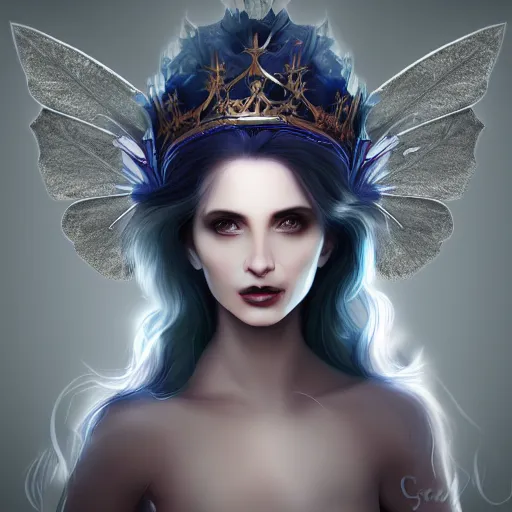 Image similar to detailed portrait of a dark fairy queen, crown, wings, teeth, realism, pale blue, emerald, sapphire,dark purple crown,leaves, moonlit, dark fantasy, dramatic lighting, cgsociety, artstation