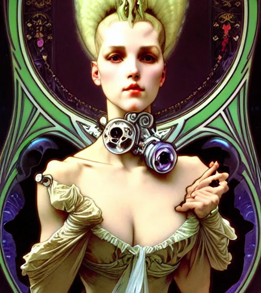 Prompt: realistic detailed face portrait of a young beautiful alien baroque cyberpunk marie antoinette by alphonse mucha, ayami kojima, amano, greg hildebrandt, and mark brooks, female, feminine, art nouveau, rococo cyberpunk, neo - gothic, gothic, character concept design