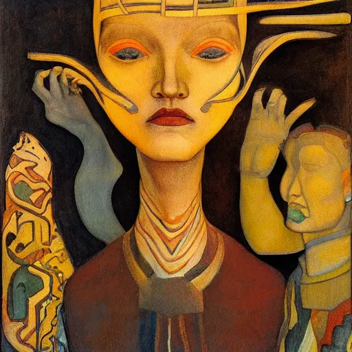 Prompt: the little robor queen, by annie swynnerton and diego rivera and lucien freud and jean delville, symbolist, dramatic lighting, elaborate geometric ornament, head and shoulders view, art brut, soft pastel colors, smooth, sharp focus, extremely detailed, adolf wolfli, leo and diane dillon, nicholas roerich