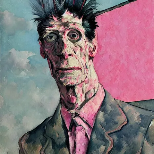 Image similar to shredded physique feathered tall neck beak Portrait of Samuel Beckett camouflaged as Flamingo whilst wearing a pink tuxedo Standing atop a Garbage Truck Greg Rutkowski Vik Muniz Paul Cezanne Andrew Wyeth Dan Witz