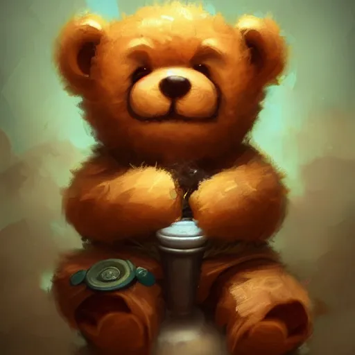 Image similar to cute little anthropomorphic Teddy Bear smoking weed, cover art, ultra wide lens shot , tiny, small, short, cute and adorable, pretty, beautiful, DnD character art portrait, matte fantasy painting, DeviantArt Artstation, by Jason Felix by Steve Argyle by Tyler Jacobson by Peter Mohrbacher, cinematic lighting