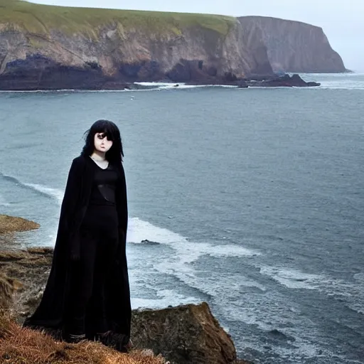 Image similar to 1 7 - year - old pale - skinned persian girl with black long bob cut, long bangs, black gothic jacket, black jeans, psychic girl, standing on cliff along the irish coast, overcast gray skies, ultra - realistic, sharp details, cold lighting, blue and gray colors, intricate details, art by william - adolphe bouguereau