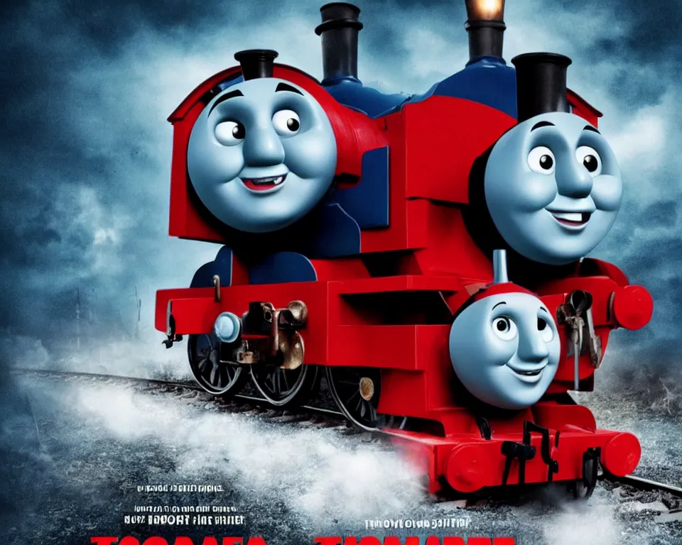 Image similar to a horror movie poster featuring Thomas The Tank Engine