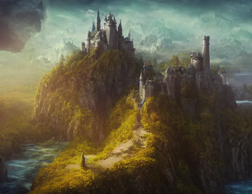 Image similar to Fantasy solitary Castle on a flat plain, near a river, yellow roofs. Matte painting by Anato Finnstark and Blizzard Studio, 4k ultra detailed, great composition cinematic.