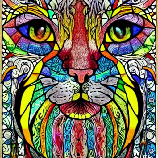 Prompt: rainbow coloured fine detailed ornate greenman as a rainbow british shorthair cat face made of rainbows stained glass by bonnie mclean and wes wilson and and amanda sage and harry clarke and aubrey beardsley and heinz edelman and william morris, 8 k, artstation