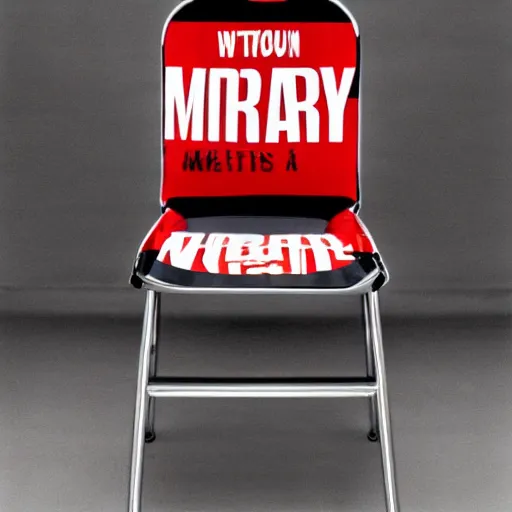 Image similar to by barbara kruger motion blur stormy. a mixed mediart of a metal chair with a seatbelt attached to it. the chair is placed in the center of a room & the seatbelt is used to strap a person into the chair. the person is then unable to move & at the mercy of the chair.