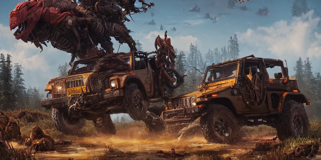 Image similar to Mahindra thar, malayalis attacking, furious action scene, an epic fantasy, dramatic lighting, cinematic, establishing shot, extremely high detail, photorealistic, cinematic lighting, matte painting, artstation, by simon stalenhag, horizon zero dawn