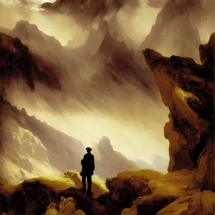 Prompt: artwork about a lonely man walking deserted hills serpenting in the distance, painted by thomas moran and albert bierstadt. monochrome color scheme.