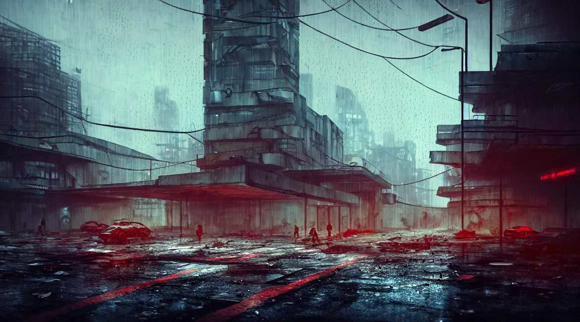 Image similar to post apocalyptic city building, raining, building, avenue, modern contemporary urban americana concrete architecture, paved roads, by neil blevins trending on artstation, photorealistic, neon ambiance, ultra detailed, high definition, depth of field, bokeh, wild vegetation, blood stains, crumbling, post - apocalyptic warriors