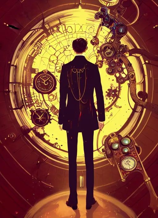 Prompt: arrogant elegant man travels through time via steampunk portals, pixiv fanbox, dramatic lighting, maximalist warm color palette, splatter paint, pixar and disney exploded - view drawing, graphic novel by fiona staples and dustin nguyen, peter elson, alan bean, wangechi mutu, clean cel shaded vector art, trending on artstation