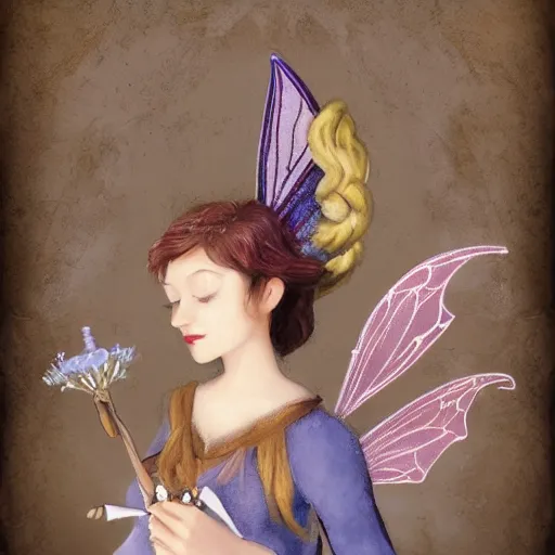 Prompt: elfen fairy, bard, lute, art student, cardigan, blonde