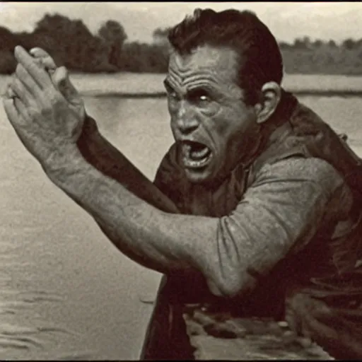 Image similar to a screen still of a man chewing on a carp from an episode of the twilight zone