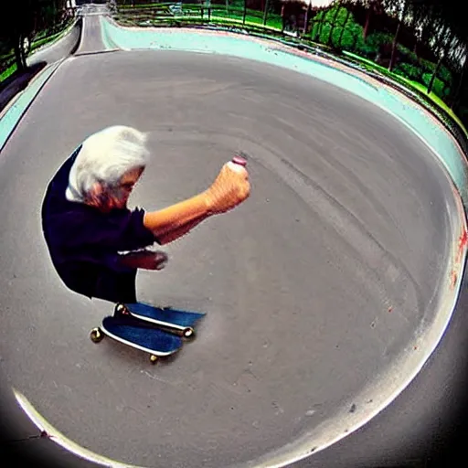 Image similar to cool grandmother skateboard video, fisheye lens, go pro, 4k