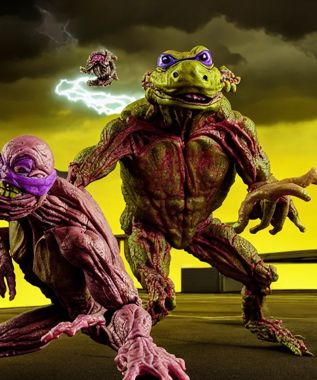 Image similar to hyperrealistic rendering, epic boss battle, cronenberg flesh monster tmnt, by art of skinner and richard corben, product photography, collectible action figure, sofubi, hottoys, storm clouds, outside, lightning