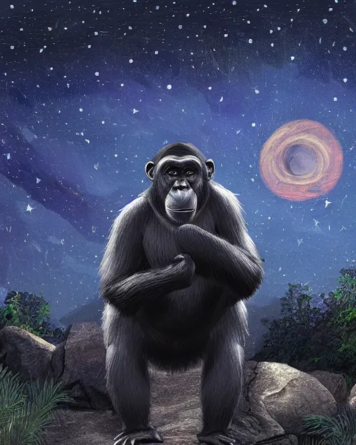 Image similar to very detailed high resolution illustration of a fat chimpanzee, backlit, stars, night, surrounded, 3 d, 8 k, extremely detailed, artstation, award winning