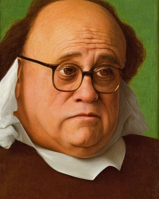 Image similar to a portrait of danny devito painted by jan van eyck, 4 k detail, portrait