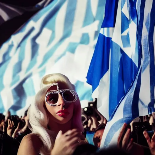 Image similar to Lady Gaga as President, Argentina presidential rally, Argentine flags behind, bokeh, epic photo, detailed face, Argentina