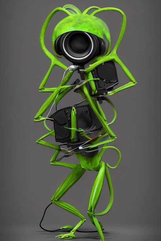 Image similar to a praying mantis kaiju DJ wearing headphones and carrying two big subwoofer speaker boxes, featured on artstation, cgsociety