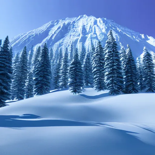 Image similar to A beautiful, snow-covered mountain, with a majestic peak, surrounded by evergreen trees, and a cold, clear sky overhead, trending on artstation, artstationHD, artstationHQ, photorealistic imagery, 3D art, 4k, 8k