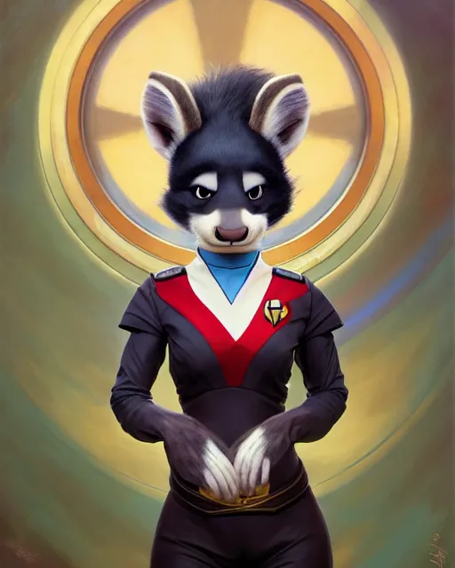 Image similar to painting of anthromorphic female skunk wearing starfleet uniforms, zootopia, fursona, furaffinity, 4 k, deviantart, furry art, wolf fursona, very expressive detailed feminine face, gaston bussiere, craig mullins, jc leyendecker, gustav klimt, artgerm, greg rutkowski, alphonse mucha