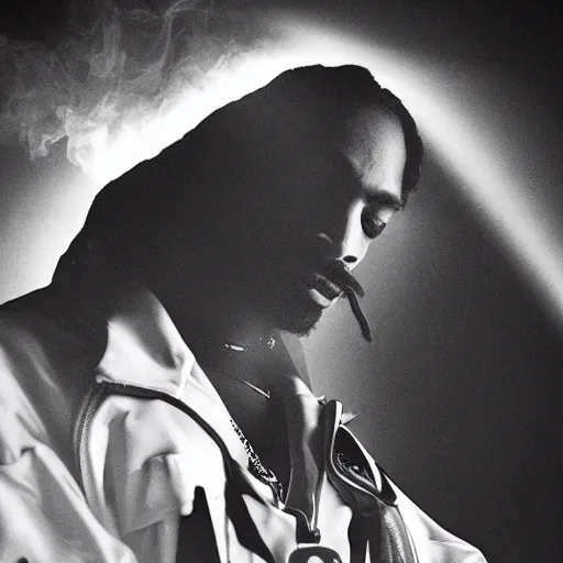 Image similar to a dramatic photograph of snoop dog smoking a joint in an infinite universe while contemplating a magical portal to the beyond, ground haze, dramatic lighting, filmic, cinematographic