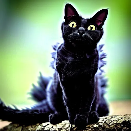 Image similar to an crossbreed between a dragon and a cat, black fur, black wings, fantastic animal, magical, very cute, adorable, charming, amazing details, bright colors, ultra high definition, photo, professional,