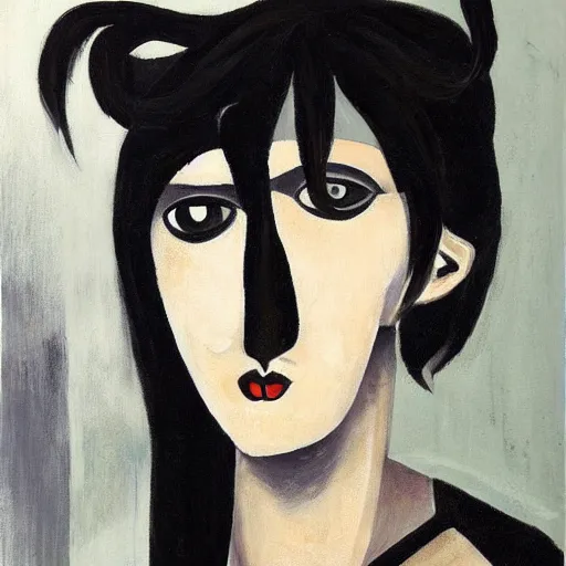 Prompt: an hd goth emo punk portrait painted by wilfredo lam. her hair is dark brown and cut into a short, messy pixie cut. she has a slightly rounded face, with a pointed chin, large entirely - black eyes, and a small nose. she is wearing a black tank top, a black leather jacket, a black knee - length skirt, and a black choker.