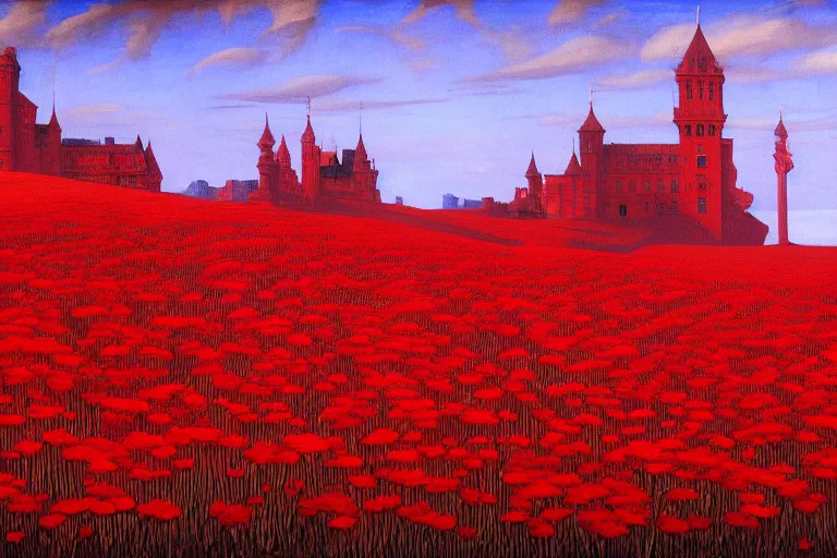 Image similar to only with red, red flowers of different types, red castle in background, red medieval goblins, in the style of beksinski, parts by edward hopper, parts by rodcenko, parts by yue minjun, intricate and epic composition, red by caravaggio, insanely quality, highly detailed, masterpiece, red light, artstation, 4 k