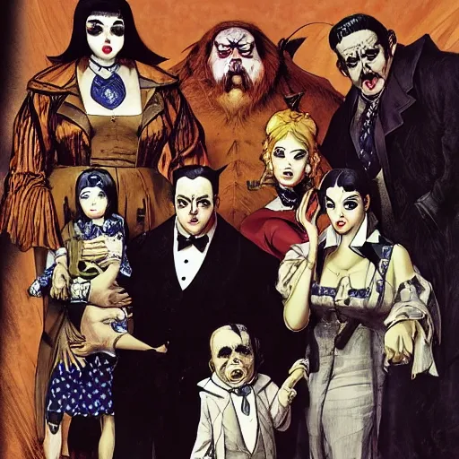 Image similar to the addams family as hillbillies in texas y j. c. leyendecker, yoji shinkawa, katayama bokuyo