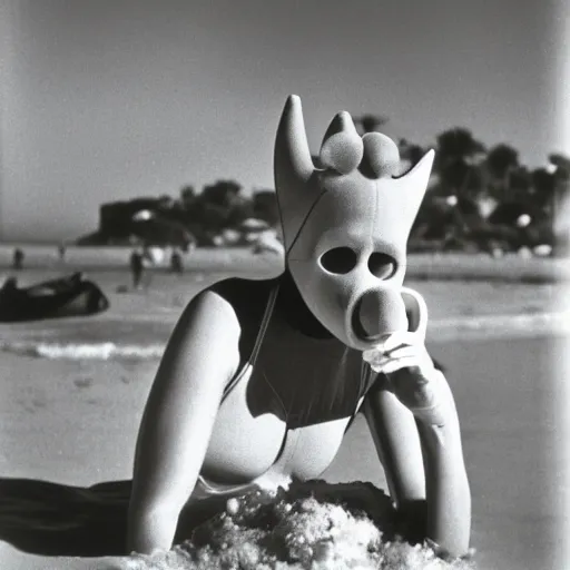 Prompt: 1976 woman wearing a happyprosthetic mask with long snout nose and nostril, soft color wearing a swimsuit at the beach 1976 holding a an inflatable fish color film 16mm Fellini John Waters Russ Meyer Doris Wishman old photo