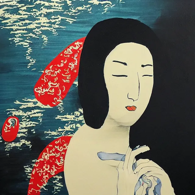 Image similar to “ a portrait in a female art student ’ s apartment, great wave off kanagawa, sensual, art supplies, a candle dripping white wax, berry juice drips, acrylic and spray paint and oilstick on canvas, surrealism, neoexpressionism ”