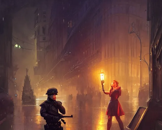 Prompt: police, night life, torch, heavy rain, drama, deep focus, d & d, fantasy, intricate, elegant, highly detailed, digital painting, artstation, concept art, matte, sharp focus, illustration, hearthstone, art by artgerm and greg rutkowski and alphonse mucha