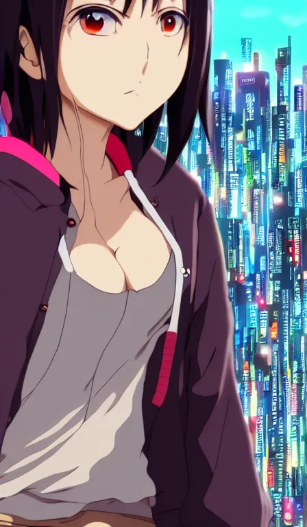 Image similar to anime fine details portrait of Momo Yaoyorozu in front of cyberpunk moder city landscape on the background deep bokeh, close-up view, anime masterpiece by Studio Ghibli. 8k, sharp high quality anime, artstation