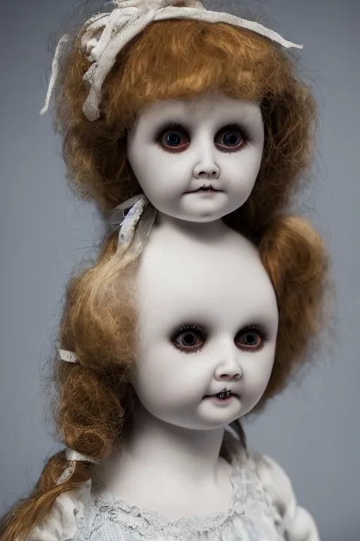 Image similar to creepy porcelain doll with creepy shining eyes.